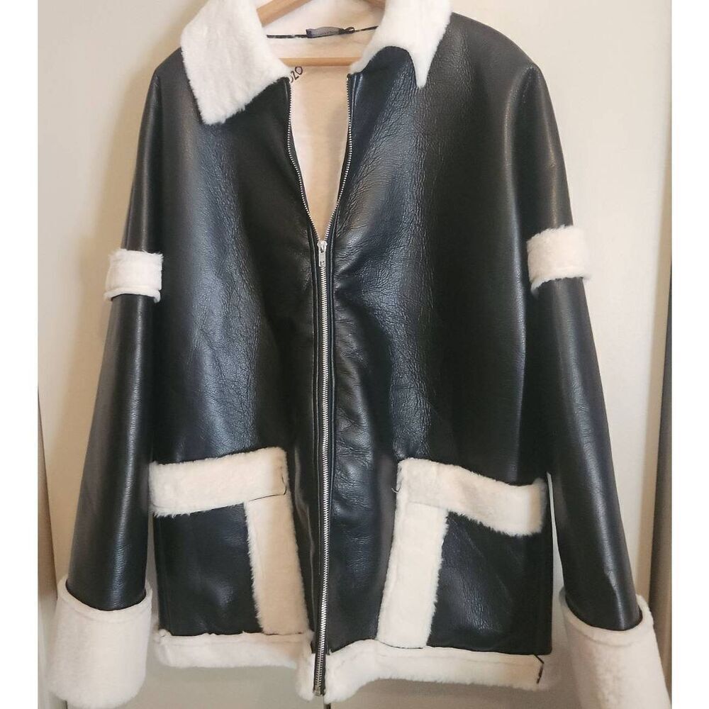 O44 Pretty Little Thing Coat Faux black Leather Cream fur Lining Trim & Pockets